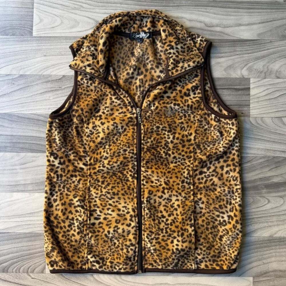 Xena Leopard Print Fleece Vest Size L Y2K Full Zip Brown